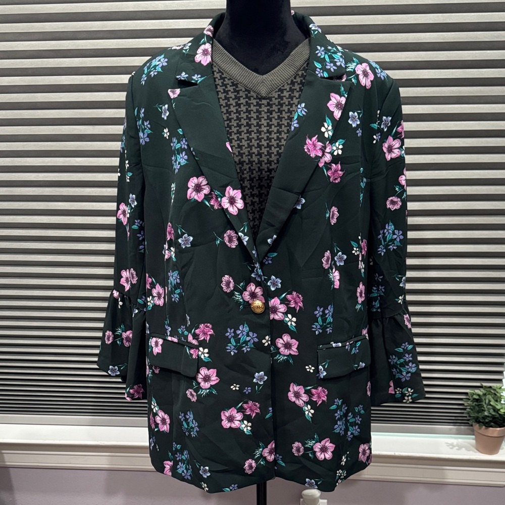 Lane Bryant Black Floral Blazer with Pink & Blue Flowers